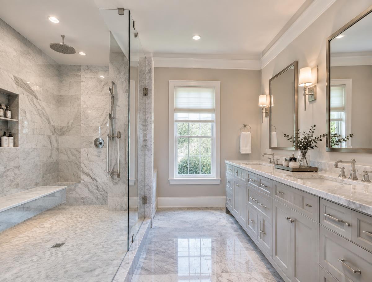 Home remodeling Rochester NY — renovated bathroom with marble tile shower and double vanity