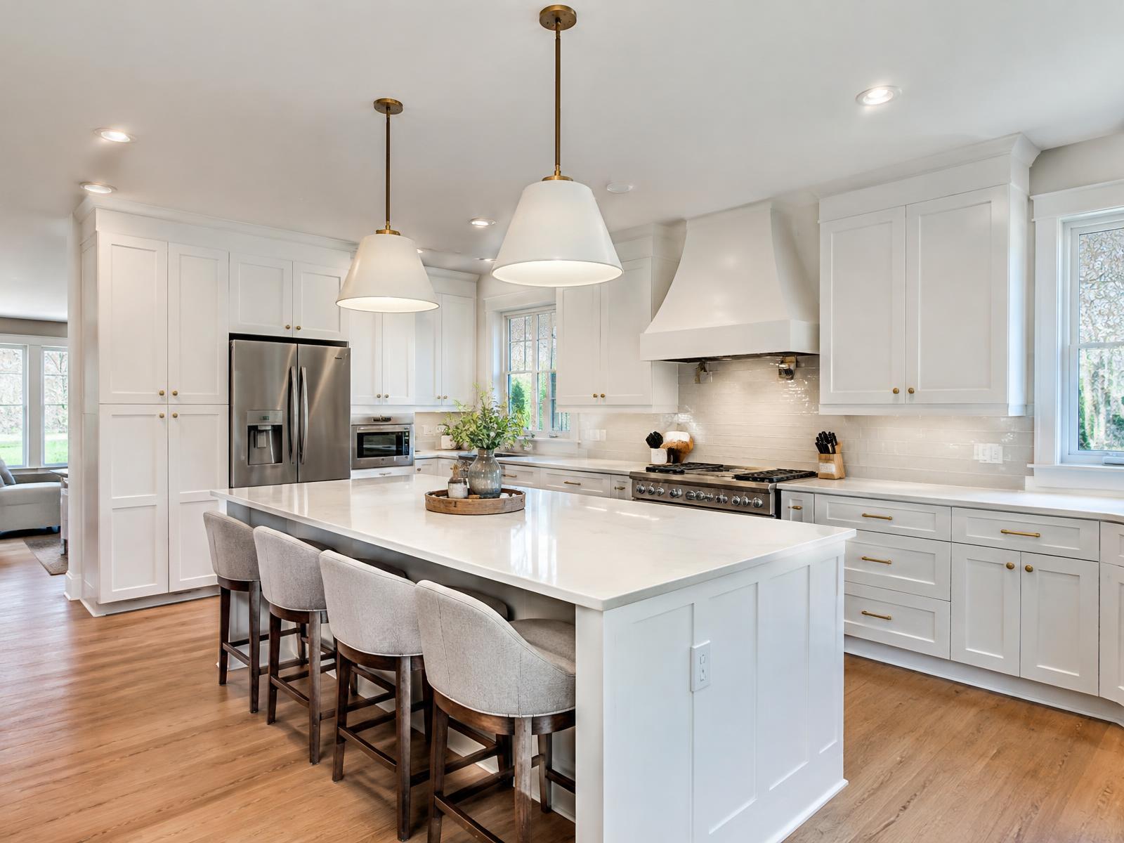 Home remodeling Rochester NY — remodeled kitchen with white shaker cabinets and quartz island in a rochester home