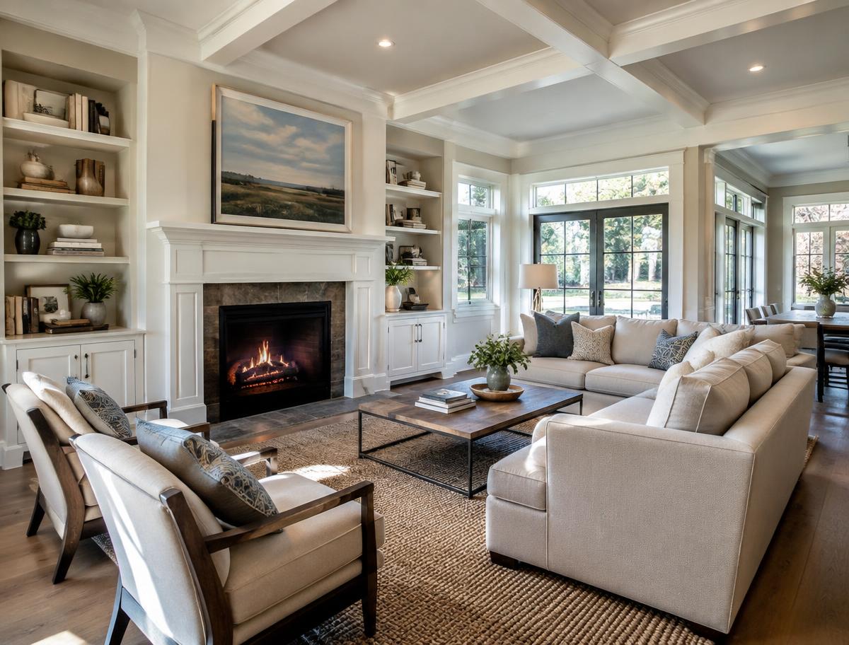 Home remodeling Rochester NY — renovated open-concept living room with fireplace and trim carpentry