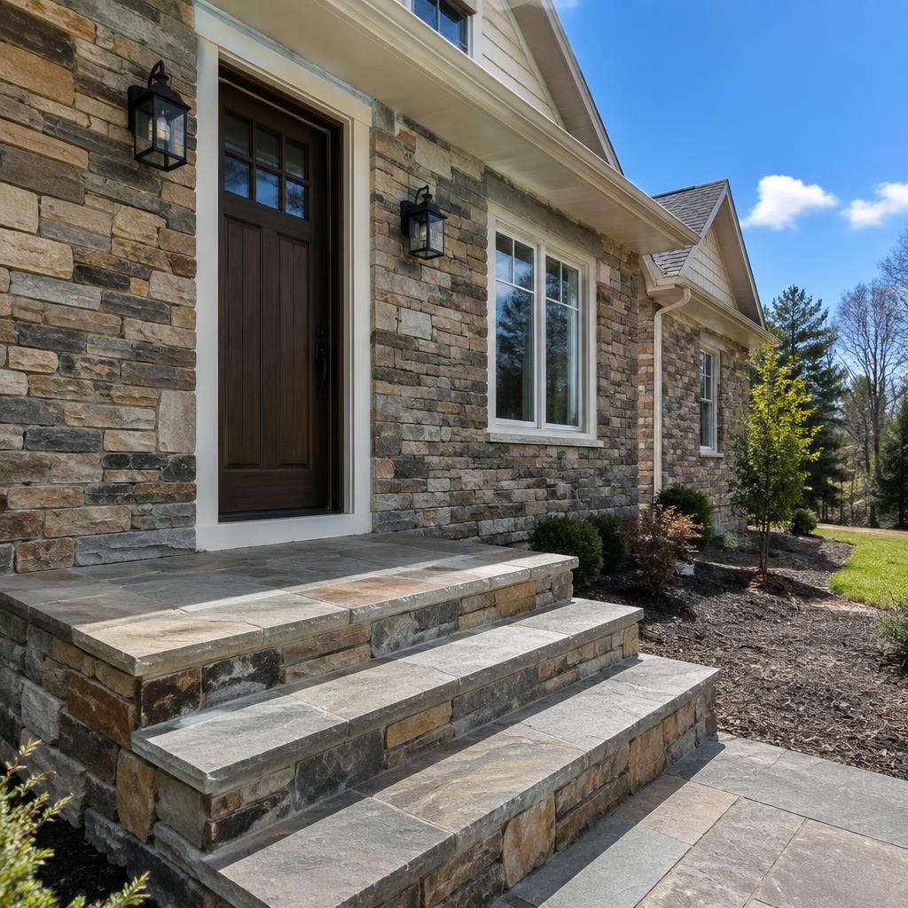 Remodeling services Rochester NY — natural stone veneer and stone steps on a rochester area home exterior